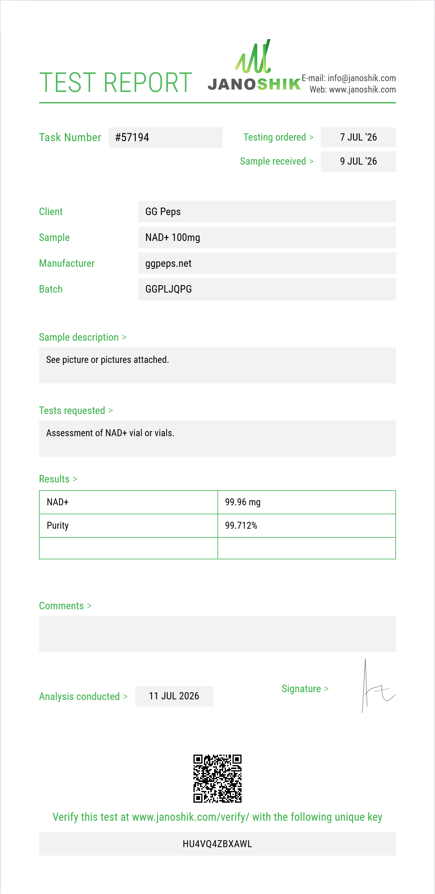 NAD+ Purity (HPLC) report by Janoshik Analytical