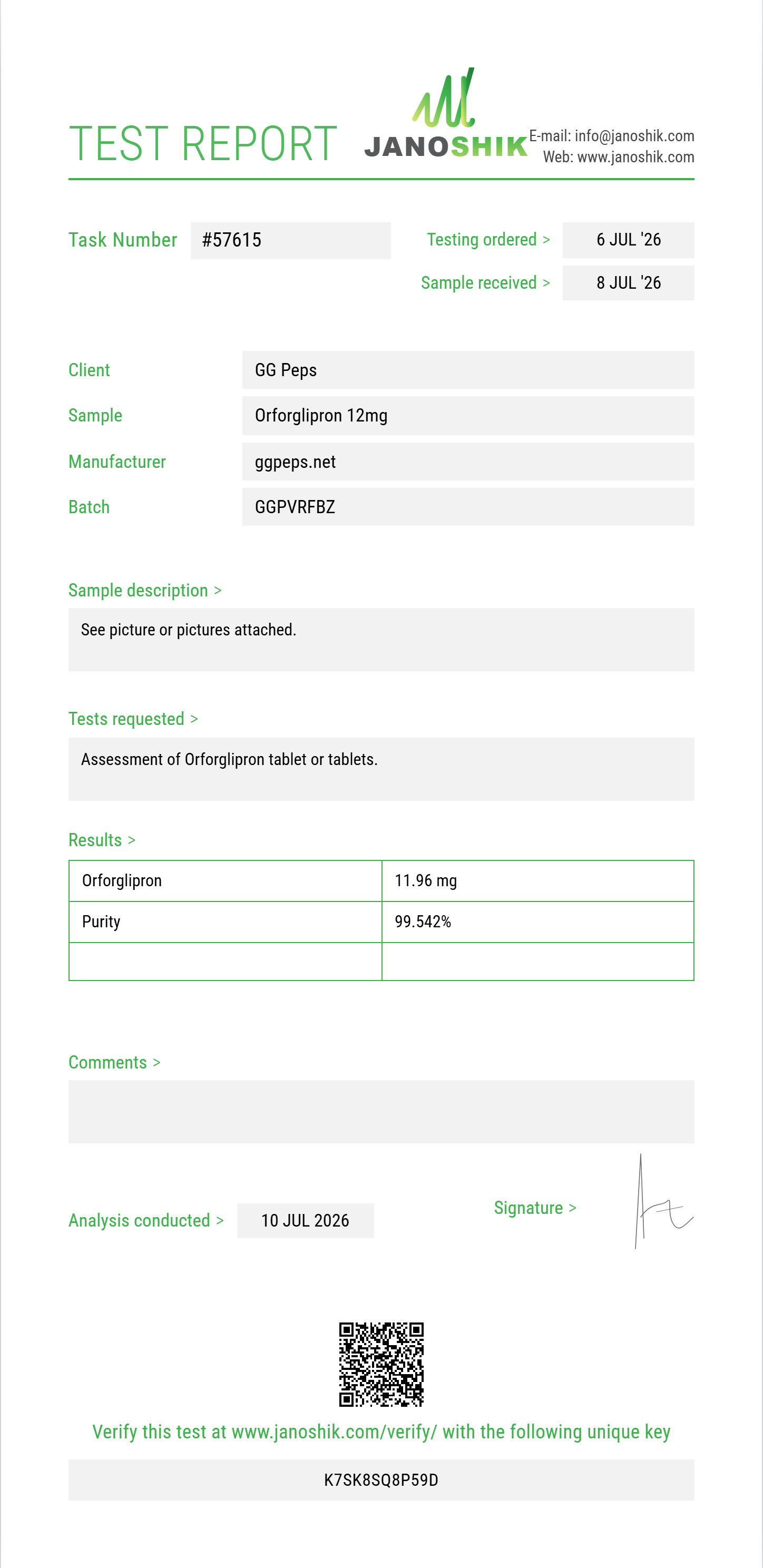 Orforglipron Purity (HPLC) report by Janoshik Analytical