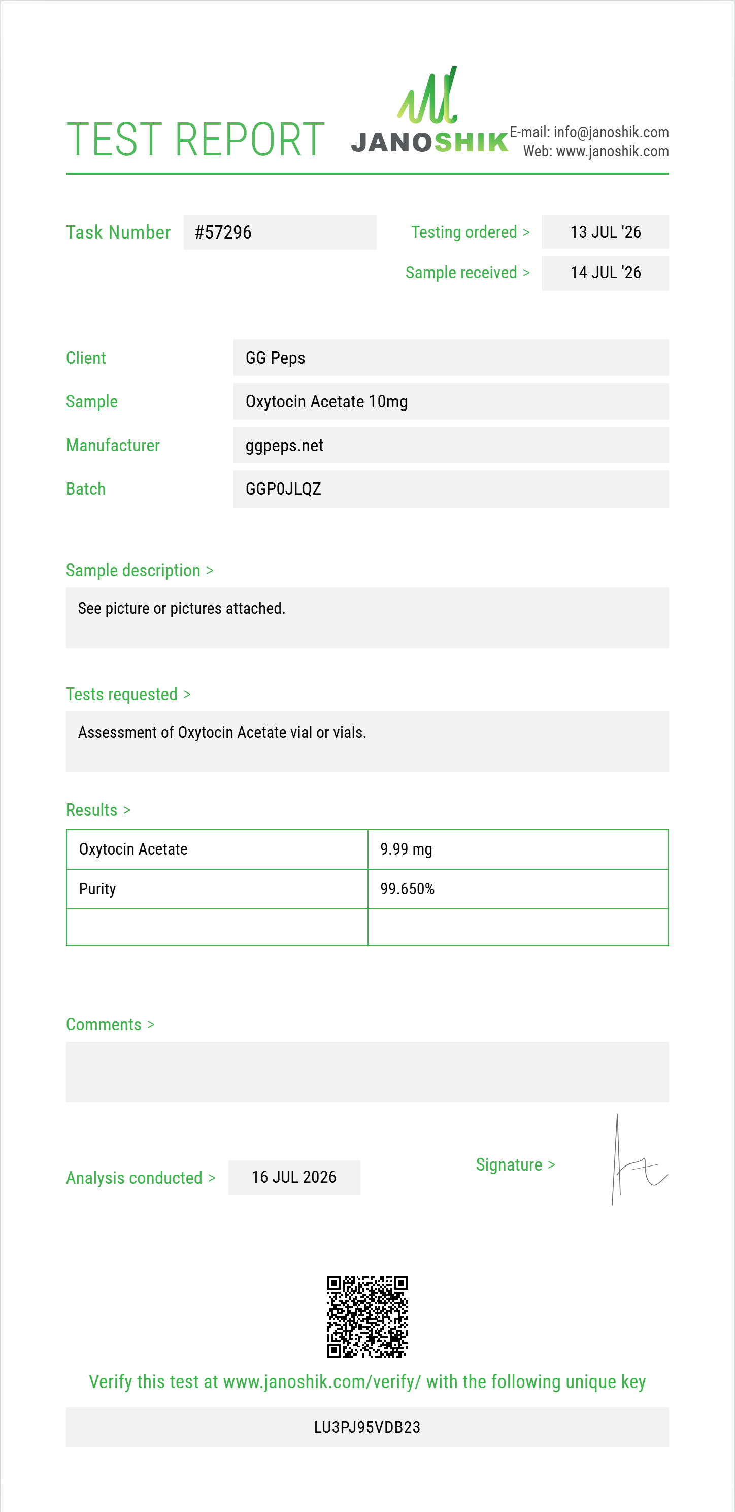 Oxytocin Acetate Purity (HPLC) report by Janoshik Analytical