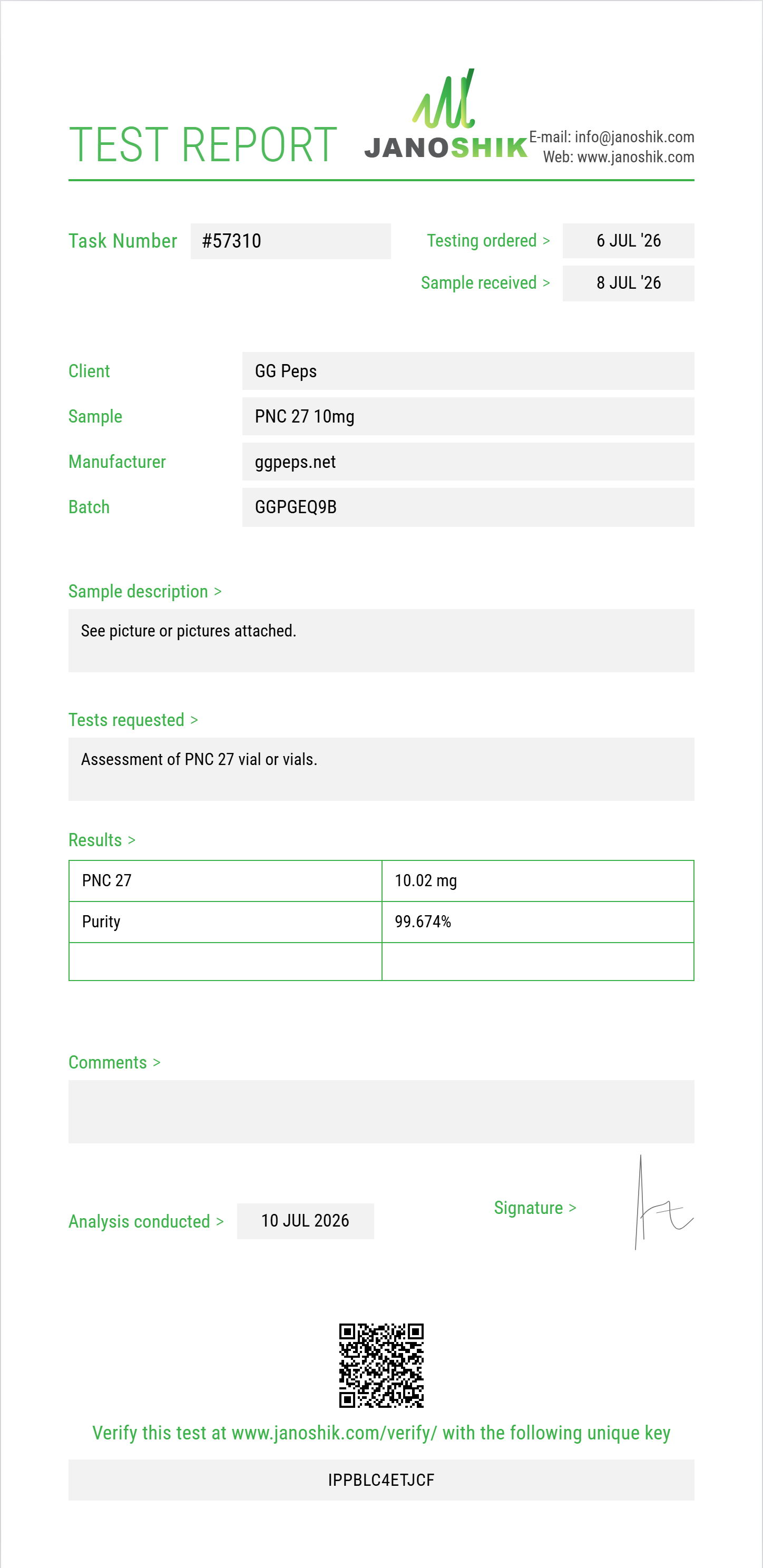 PNC 27 Purity (HPLC) report by Janoshik Analytical