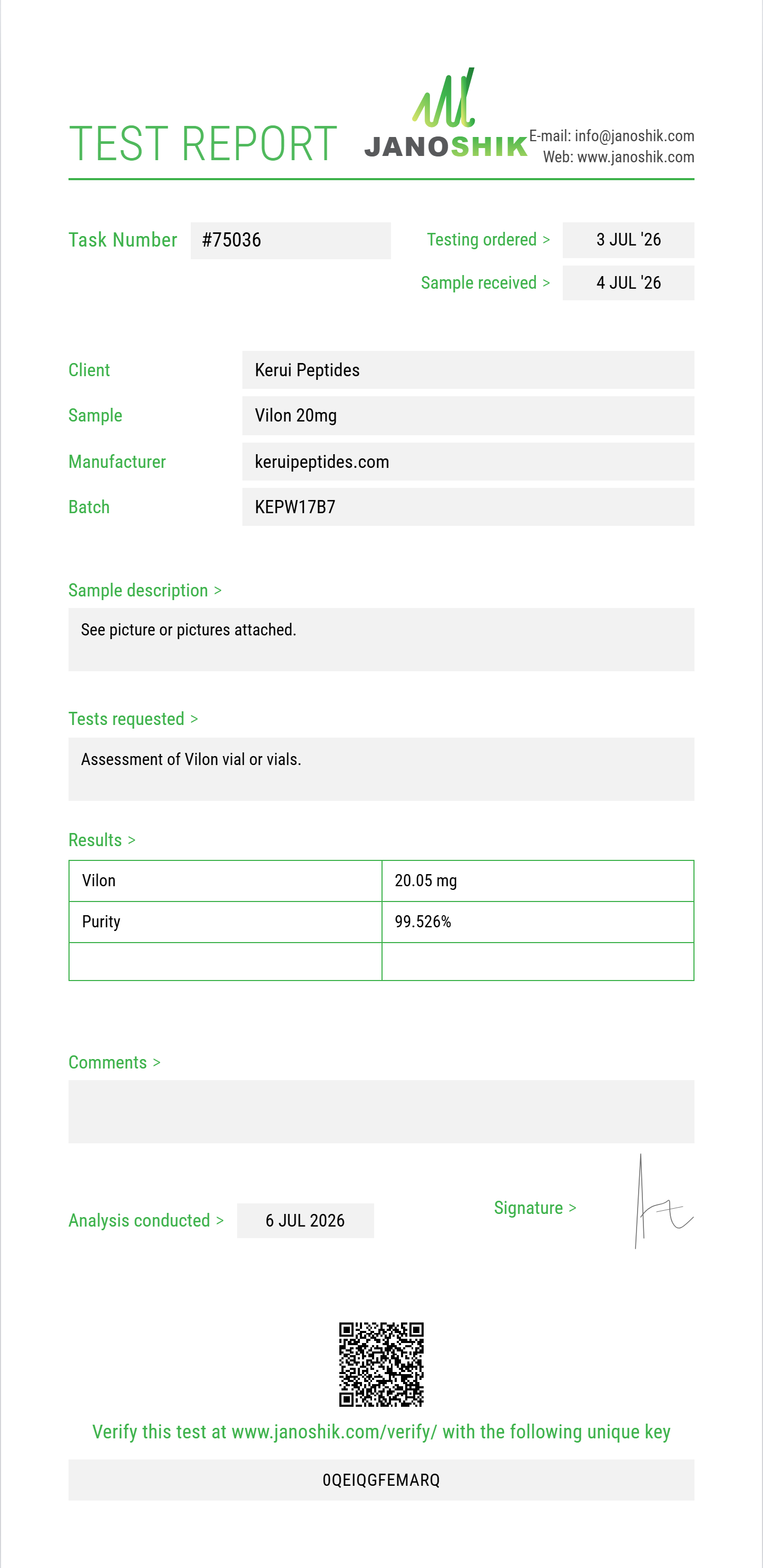 Vilon Purity (HPLC) report by Janoshik Analytical