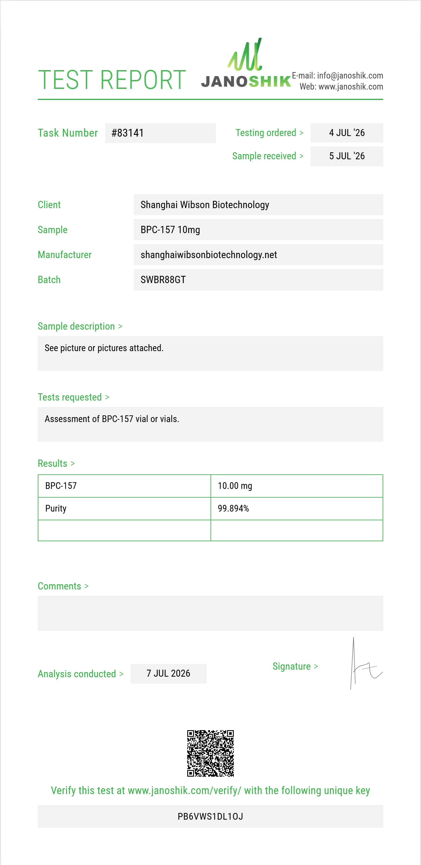 BPC-157 Purity (HPLC) report by Janoshik Analytical