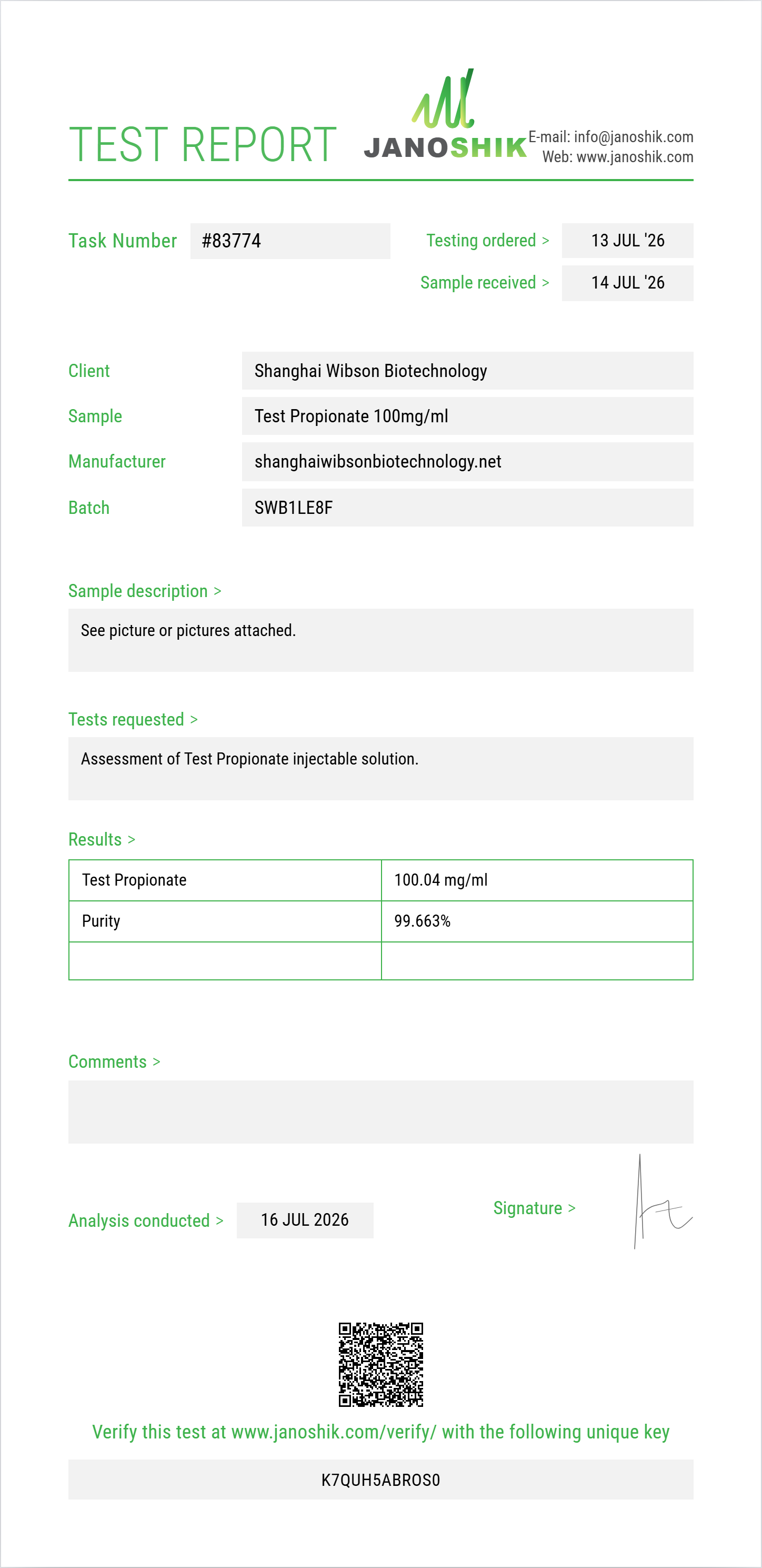Test Propionate Purity (HPLC) report by Janoshik Analytical