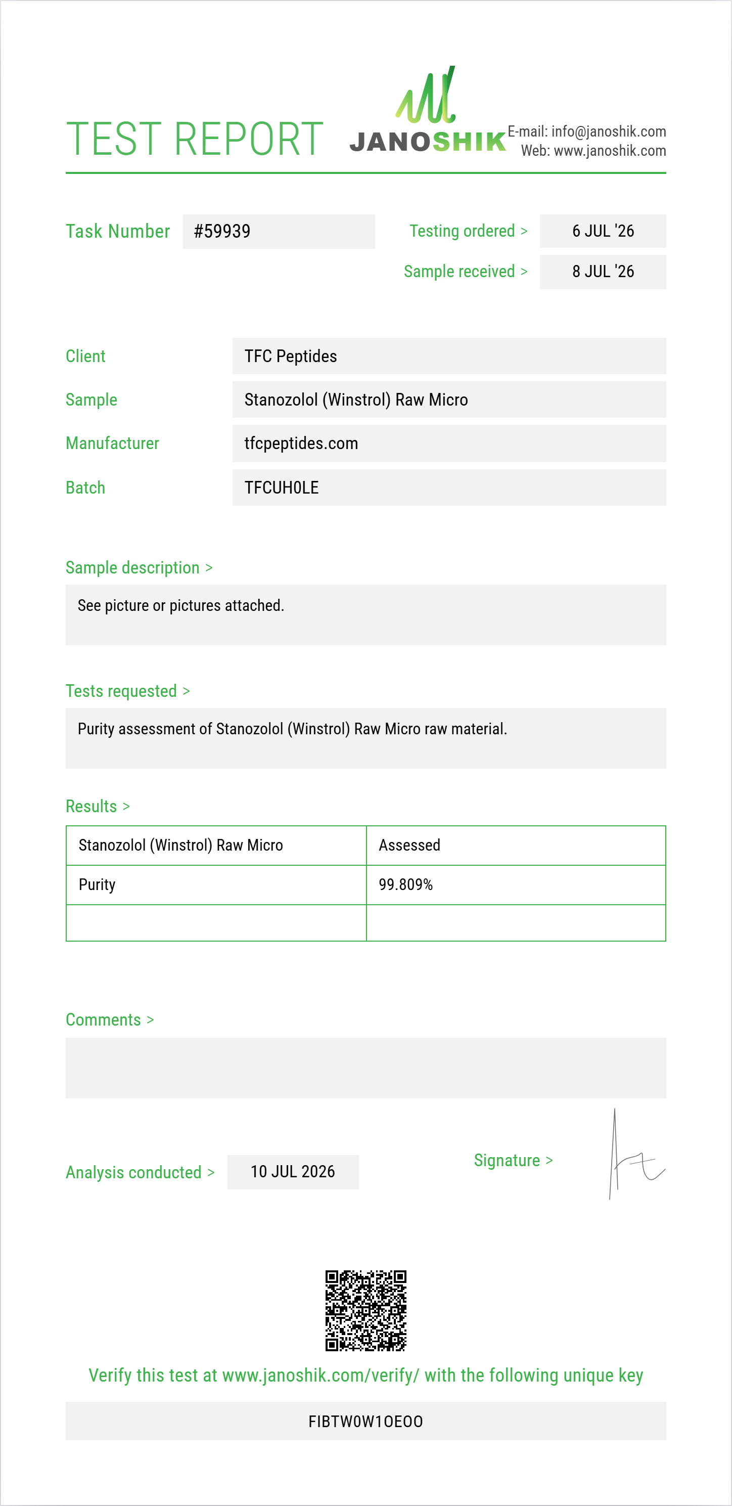 Stanozolol (Winstrol) Raw Purity (HPLC) report by Janoshik Analytical
