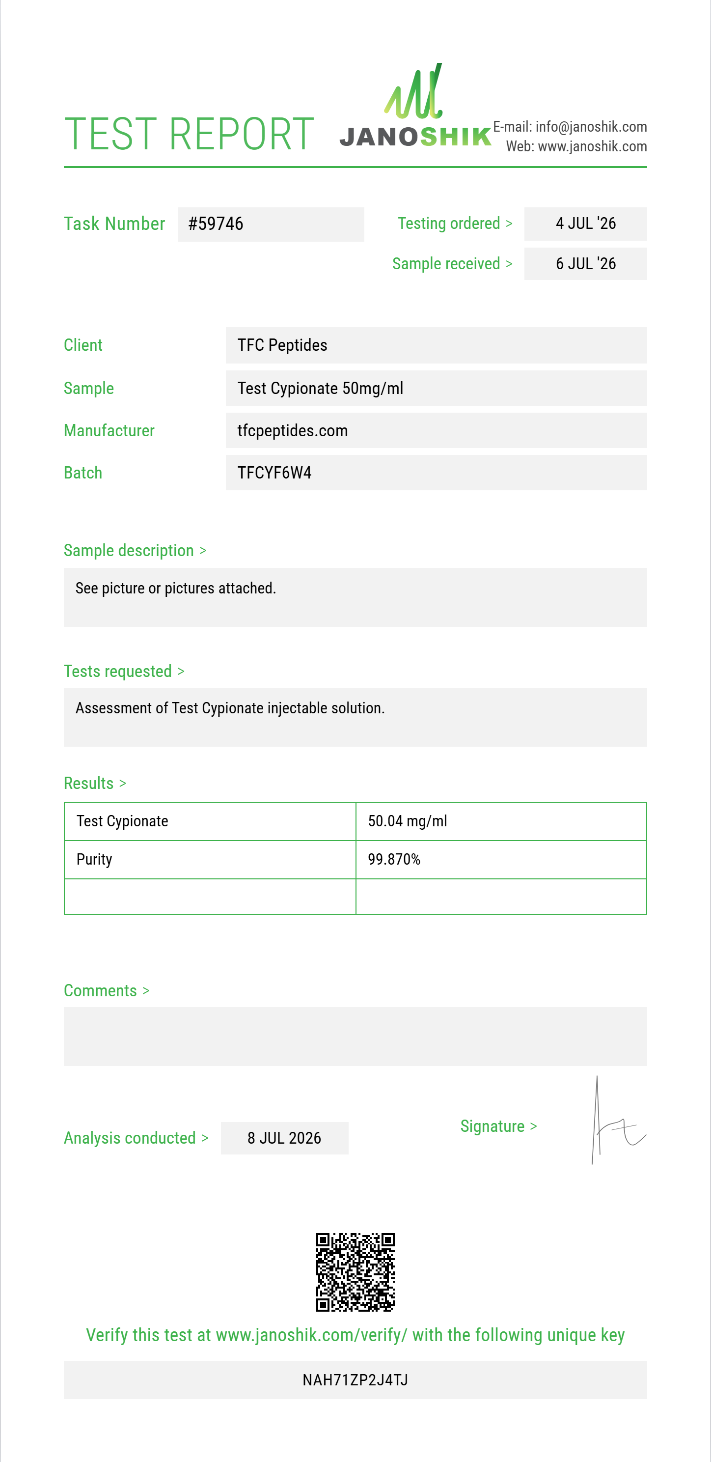 Test Cypionate Purity (HPLC) report by Janoshik Analytical