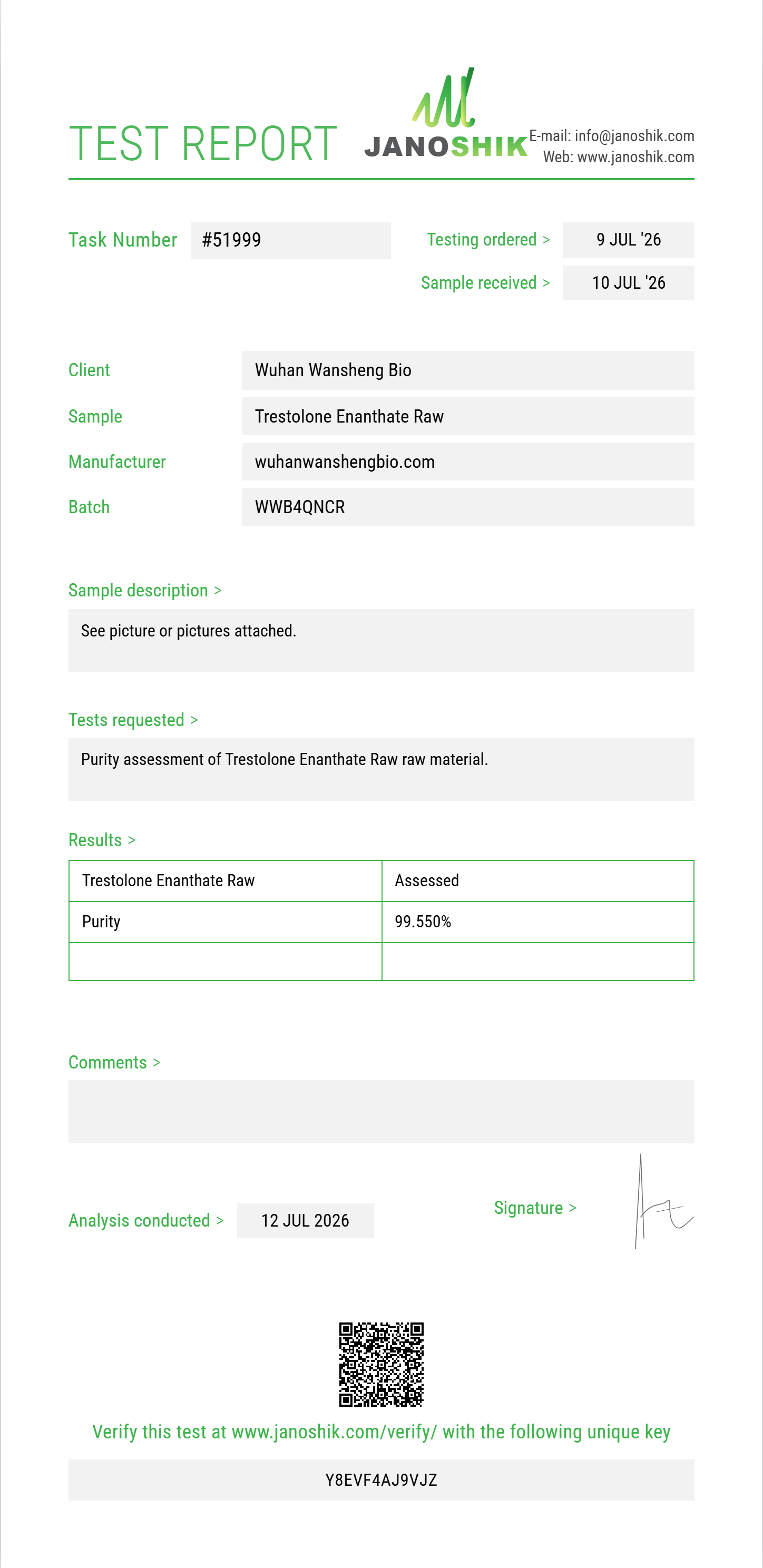Trestolone Enanthate Raw Purity (HPLC) report by Janoshik Analytical